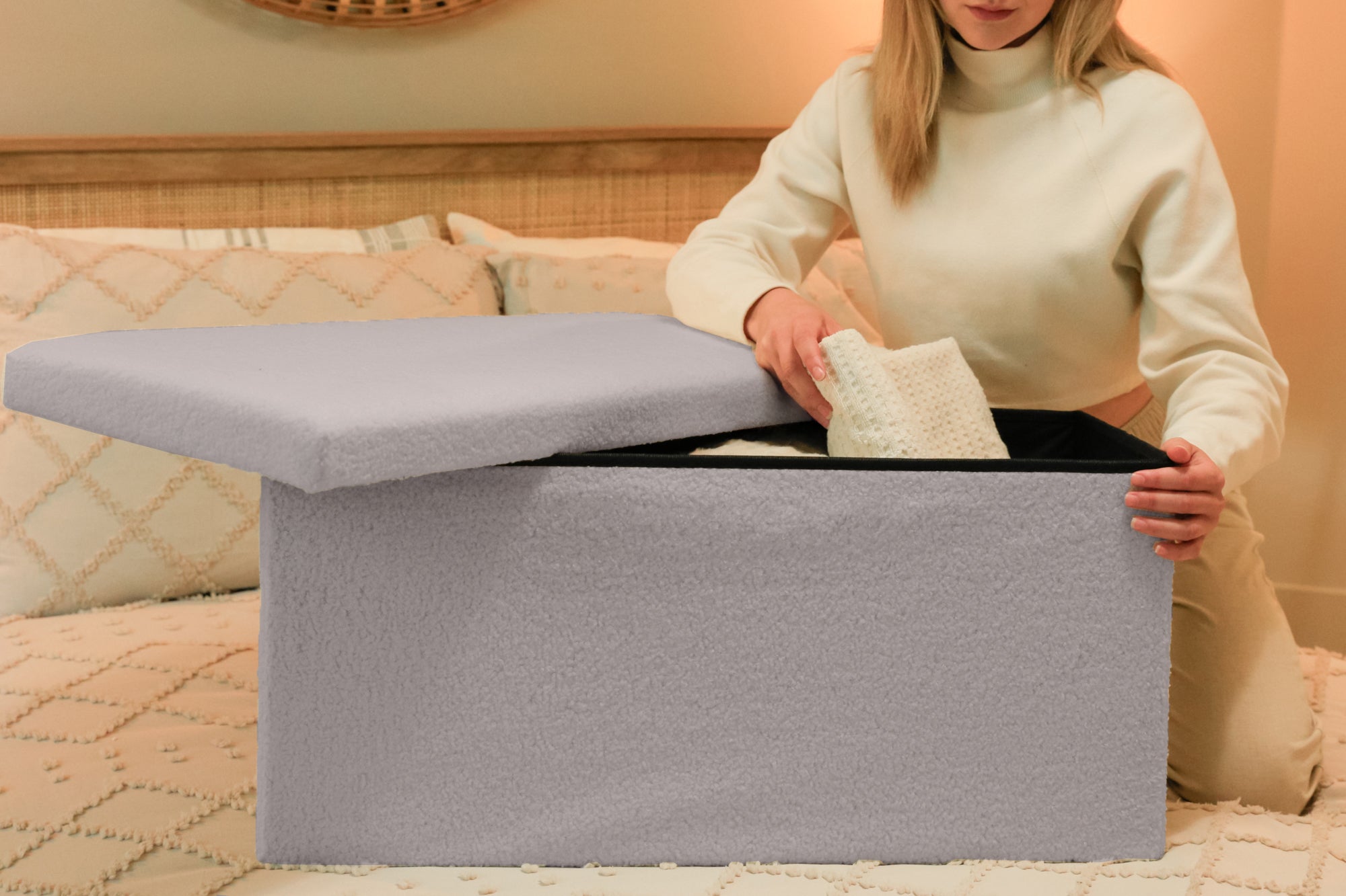 Go-Poufs Knock-Down Rectangular Teddy Boucle Storage Ottoman | 30"x15"x15"
