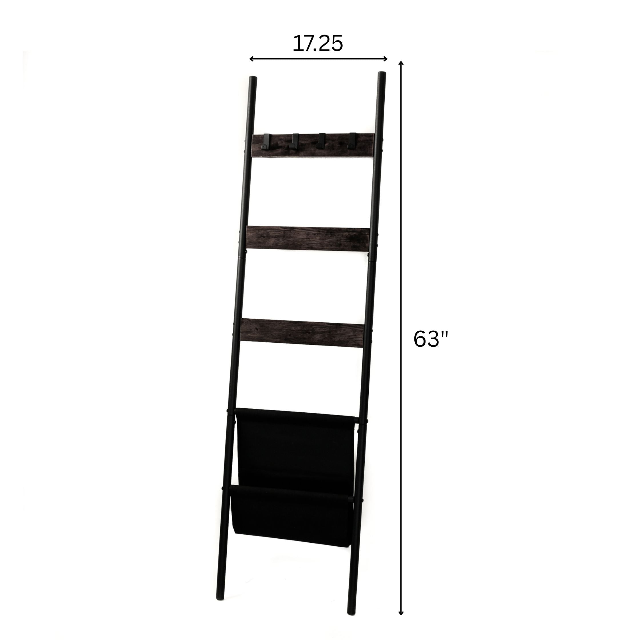 Wall-Leaning Blanket Ladder With Storage Basket 63"x17.25"x1" | Black